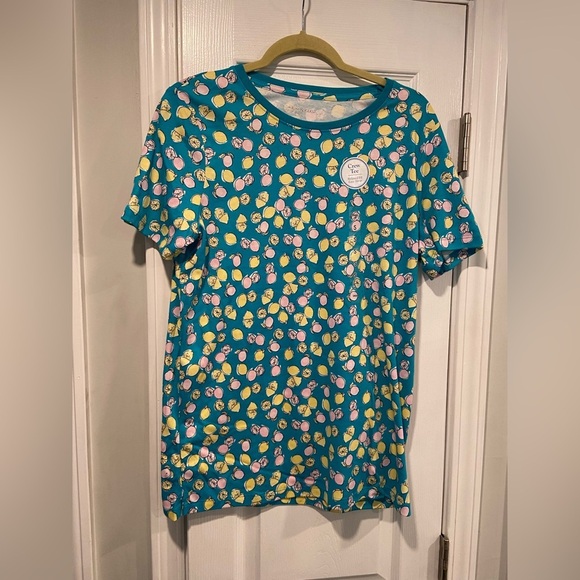 NWT Kim Rogers Size S Turquoise Pink Lemon Crew Neck Short Sleeve Tee Shirt - Picture 1 of 10